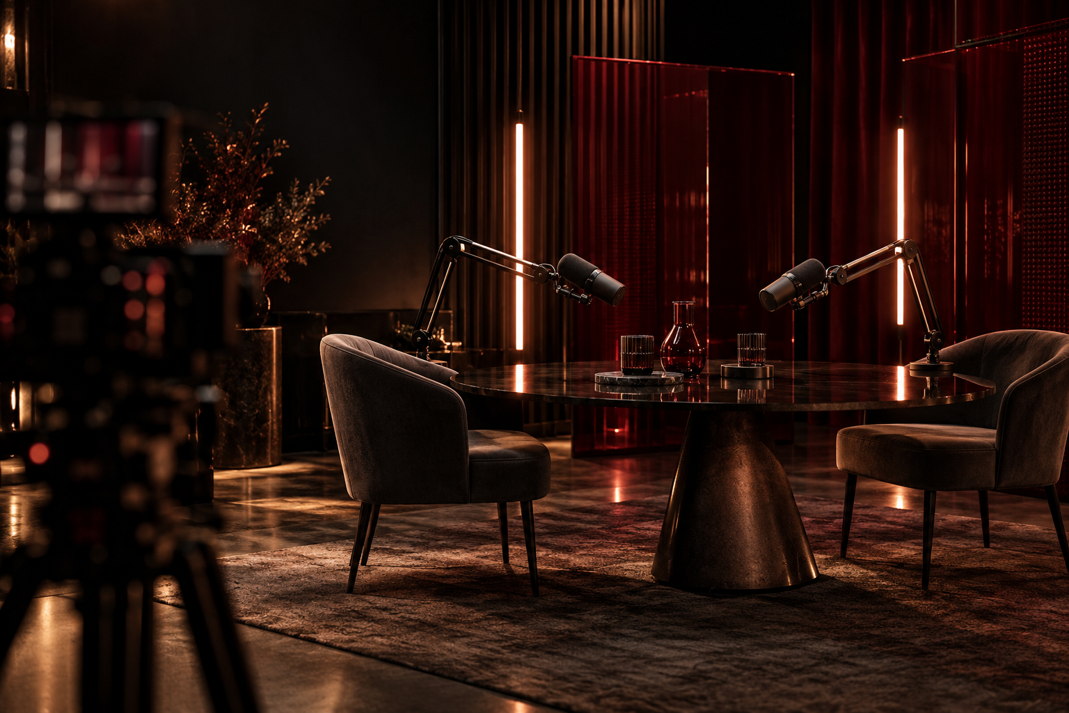 Illustrative podcast studio with microphones and warm red lighting